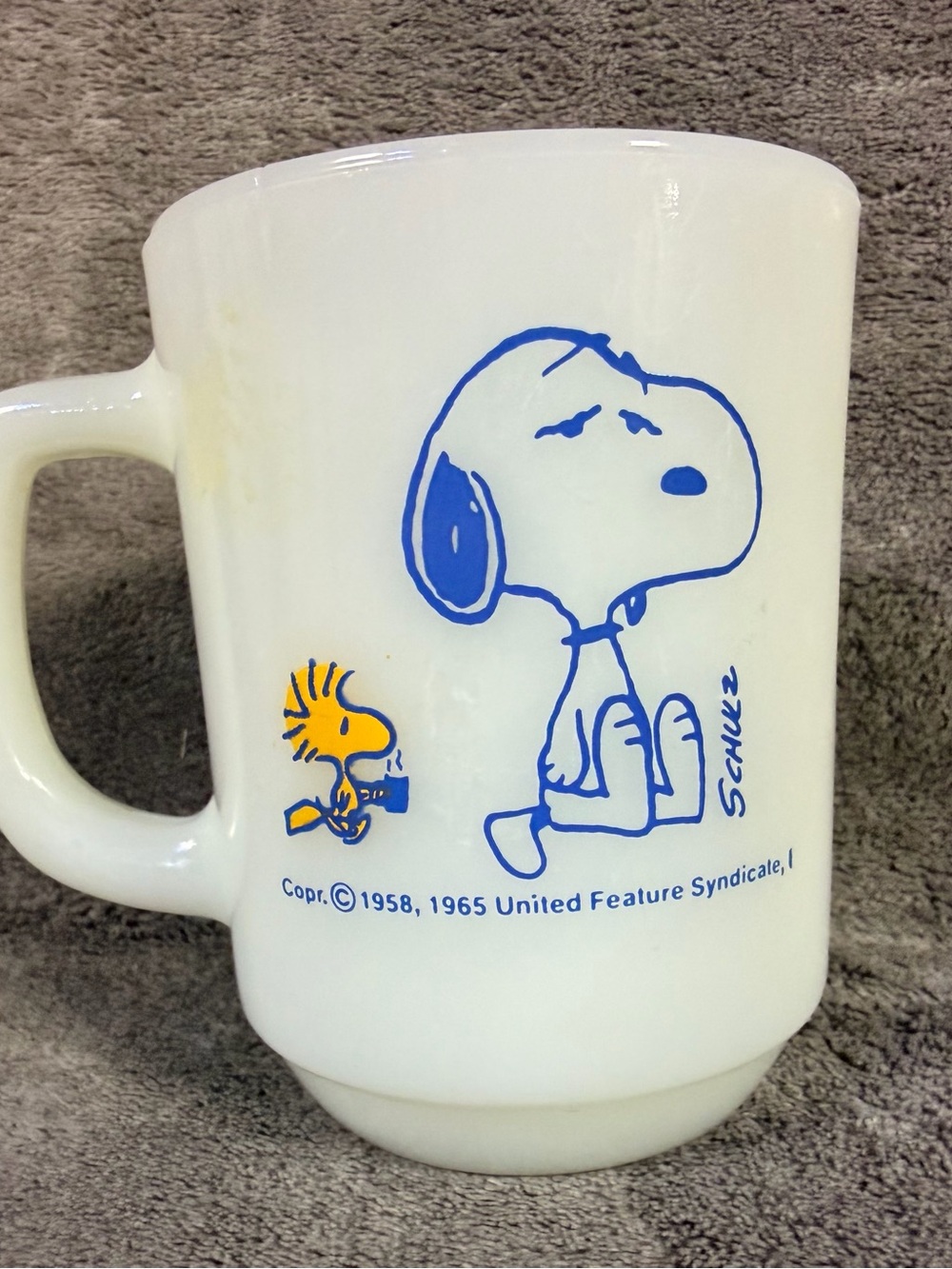 Vintage Peanuts Snoopy & Woodstock Anchor Hocking Fire King mug cup